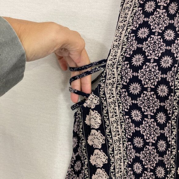 New Aqua Navy Tan Boho Print V Neck Lace Up Sleeveless Casual Top Medium - Picture 5 of 9